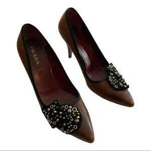 Prada Shoes Brown Embellished Pointed Heels Size 38.5 US 8.5